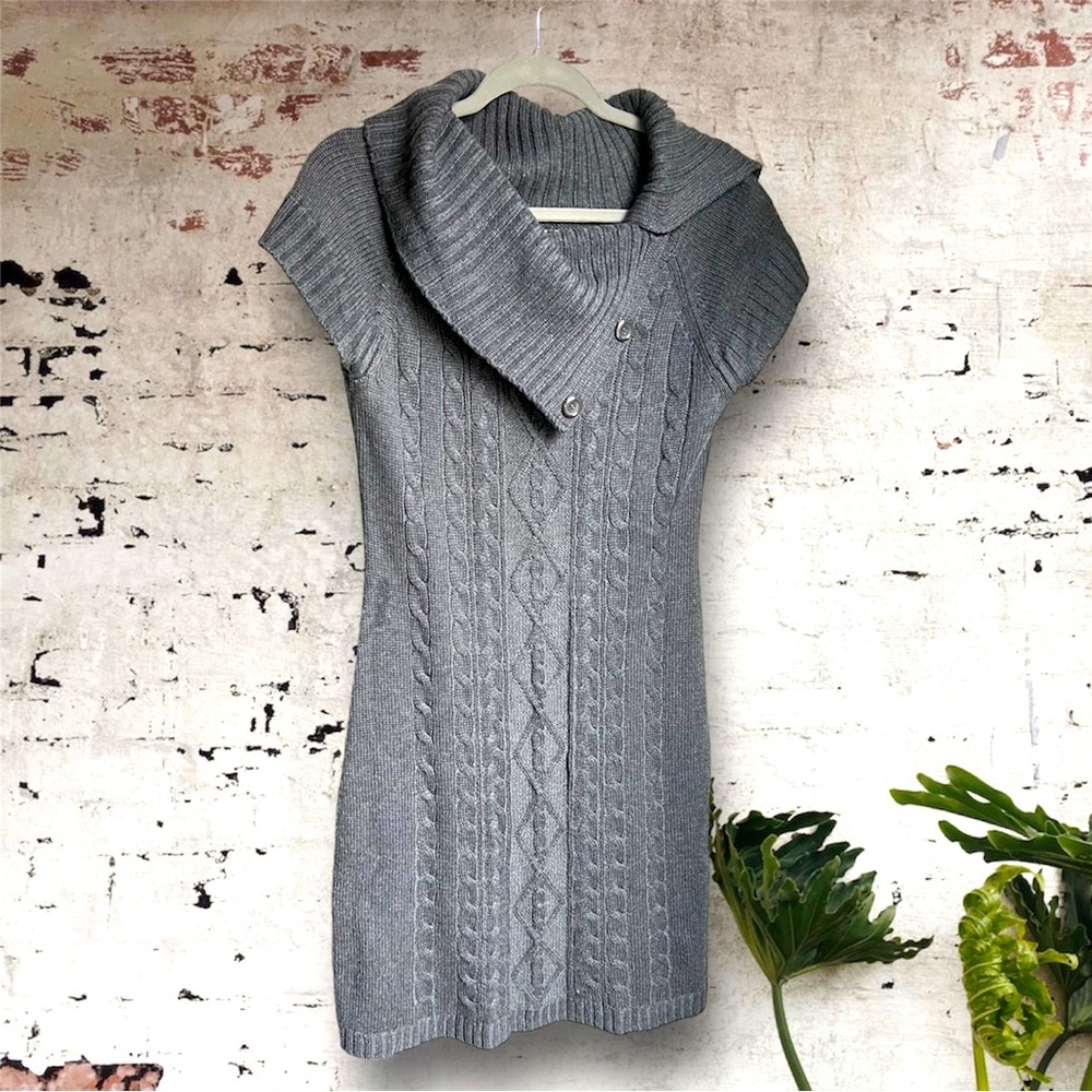 Calvin Klein gray grey shirt sleeve cable knit button collar sweater dress small